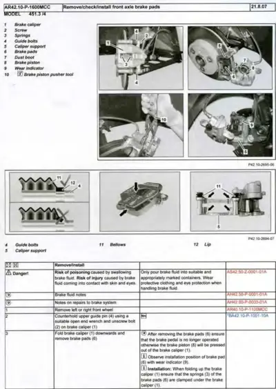 Service manual page showing front brake pad replacement steps with four photograph panels and component diagrams.