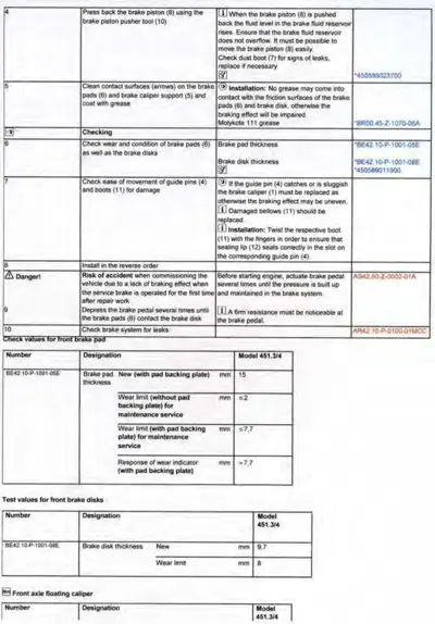Brake service checklist with specifications table for pad thickness, disk thickness, and wear limits.