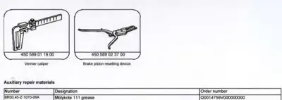 Two brake service tools shown with part numbers: vernier caliper and brake piston resetting device.