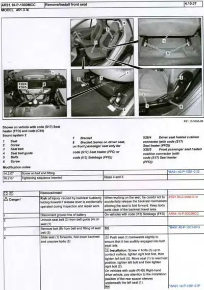 Service manual page showing front seat removal steps with six detailed photographs and numbered callouts.