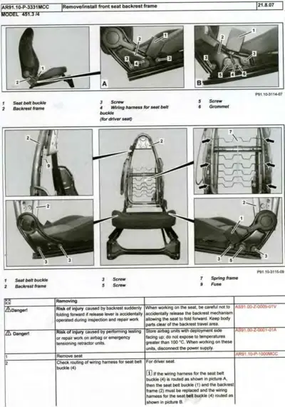 Service manual page showing disassembly steps for smart fortwo front seat backrest frame with multiple detailed close-up photographs and numbered components.