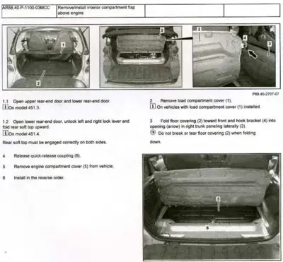 Four numbered photos showing engine compartment cover removal steps with callouts for lock levers, floor covering, and coupling.