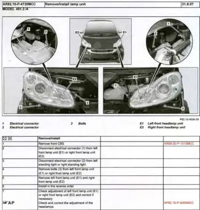 Headlamp removal procedure showing electrical connectors, bolts, and left/right lamp unit locations with numbered callouts.