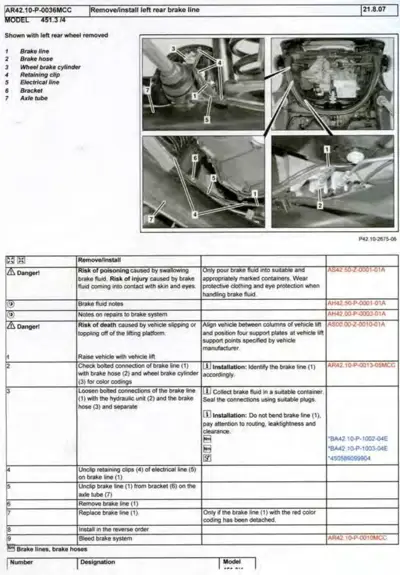 Four brake system photos with numbered callouts 1-8 identifying brake line, hose, wheel cylinder, clips, bracket and axle tube.