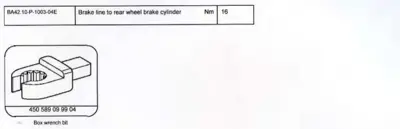 Torque spec table and box wrench bit tool illustration for brake line connection.