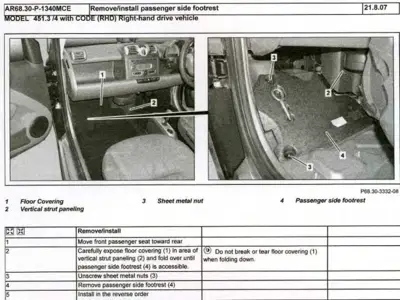 Two photos showing passenger footrest location and removal steps with numbered callouts 1-4, plus service procedure table.