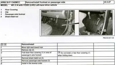 Two photos showing footrest removal steps with numbered callouts and parts list for Smart ForTwo 451.