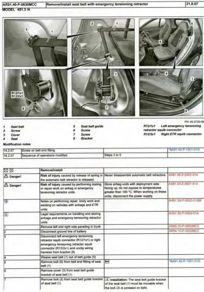 Six photos showing seat belt components and emergency tensioning retractor removal steps with numbered callouts.