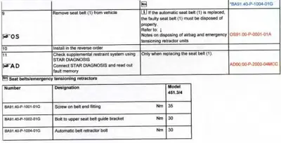 Service manual page with seat belt removal steps, STAR diagnostics check procedure, and torque spec table for three seat belt fasteners.