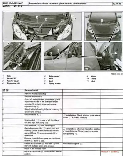 Technical diagram showing windshield trim removal procedure with 11 numbered callouts and step-by-step instructions.