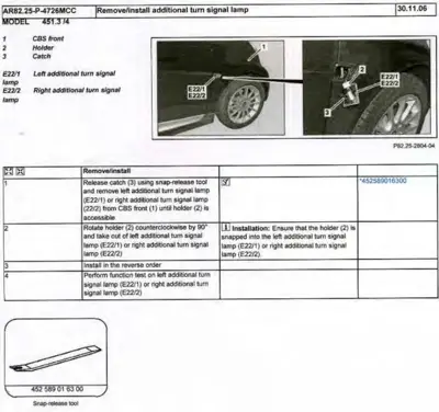 Service procedure for removing and installing turn signal lamps on Smart Fortwo 451 chassis.