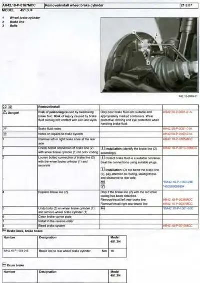 Diagram showing wheel brake cylinder components and step-by-step removal procedure for smart fortwo.