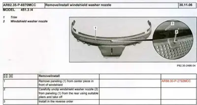 Exploded view of windshield washer nozzle assembly with numbered callouts and removal steps.