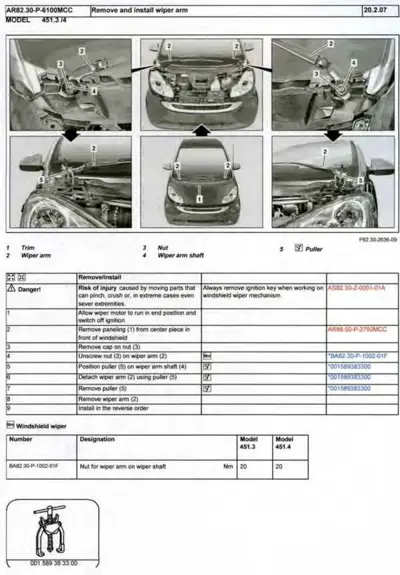 Service manual page showing six views of windshield wiper arm removal from Smart fortwo, with numbered callouts and procedural table.