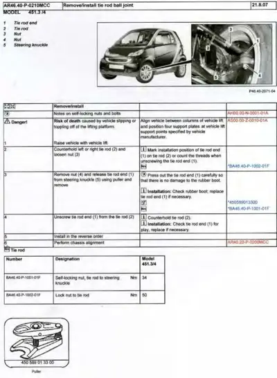 Service manual page showing tie rod removal steps, vehicle photo, and steering knuckle components with callouts.