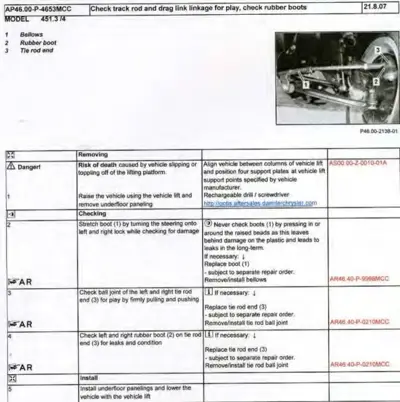 Service manual page showing track rod and drag link inspection steps with numbered callouts and parts diagram.