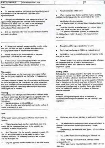 Text page covering tire selection, pressure, cleaning, bearing system, rim specifications, and disposal procedures.
