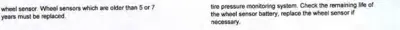 Text describing wheel sensor replacement requirements and tire pressure monitoring system maintenance procedures.