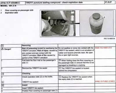 TIREFIT tire sealant bottle with expiration date label and passenger floor mat storage location.