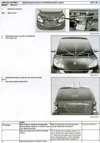 Service manual page showing windshield washer nozzle positions on Smart Fortwo 451 with front and rear views.