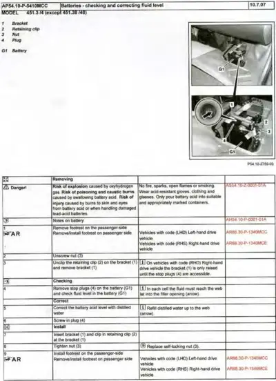 Service manual page showing battery maintenance steps with warning symbols and photographic details of battery access.