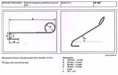 Technical drawing of emergency door unlock hook with dimensions and two views showing spring steel construction.