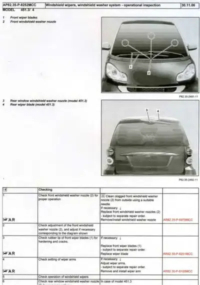 Technical inspection guide for windshield wipers and washer nozzles on smart 451 chassis with numbered callouts and service procedures.