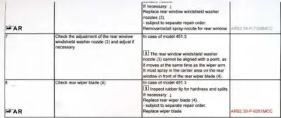 Service table showing rear washer nozzle adjustment and wiper blade inspection steps