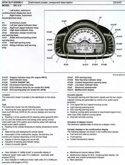 Instrument cluster diagram showing speedometer, warning lamps, and multifunction display with numbered component callouts.