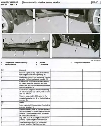 Service manual page showing longitudinal member paneling removal steps with numbered callouts and installation sequence.
