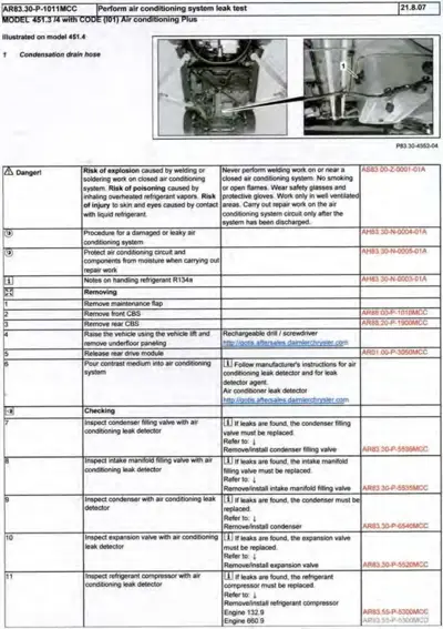 Service procedure table for AC leak testing with photo showing condensation drain hose location.