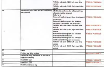 Table showing AC refrigerant service procedures with reference part numbers for left and right-hand drive vehicles.