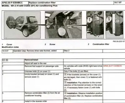 Service manual page showing filter cover removal and combination filter replacement steps with numbered callouts.