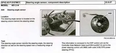 Steering angle sensor N49 mounted on steering column with component photo and interior location view.