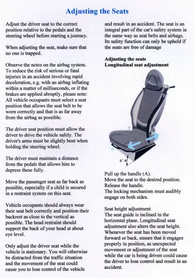 Manual page showing seat adjustment instructions with diagram of seat moved forward, measurement range 6-8 inches, and safety warnings.