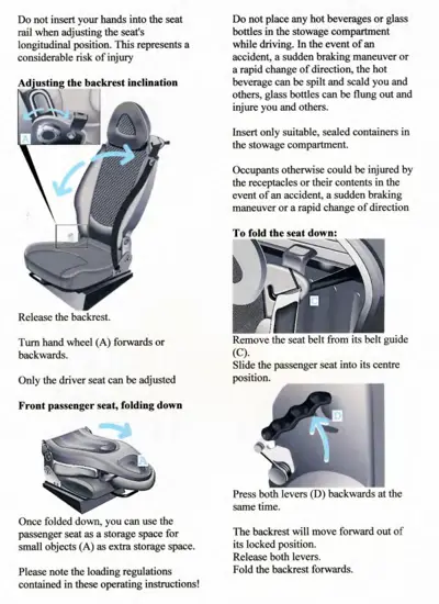 Instruction diagrams for adjusting and folding down the front passenger seat with hand wheel controls and lever operations.