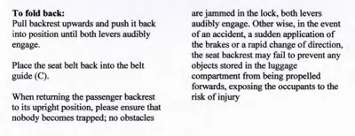 Text instructions for folding back seat backrest and safety warnings about luggage storage
