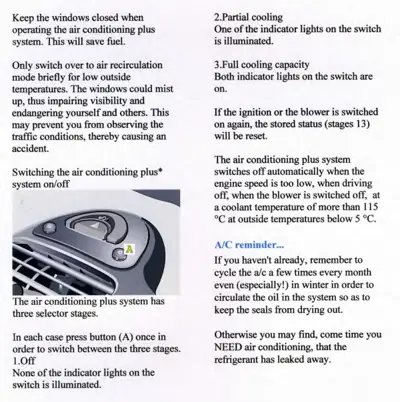 Owner manual text describing AC system operation with photo of dashboard control button.