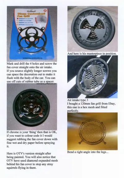 Fan grill product packaging and installation photos showing drilling, positioning, and design options.
