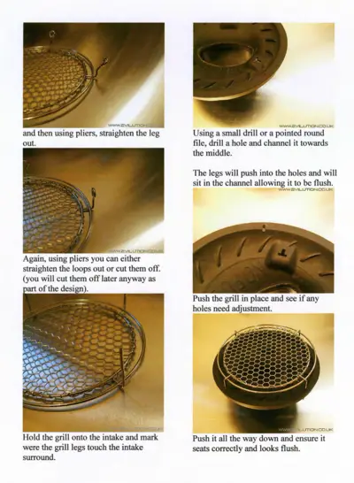 Step-by-step photos showing air intake grille modification and installation process on smart fortwo.