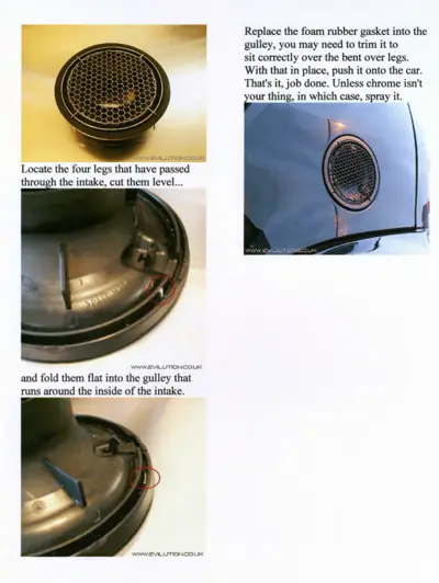 Disassembled rear light grille with foam gasket and installation detail showing mounting legs.