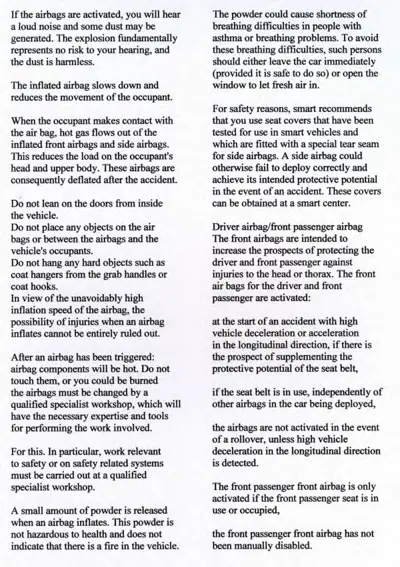 Text page describing airbag activation, safety warnings, and maintenance procedures.