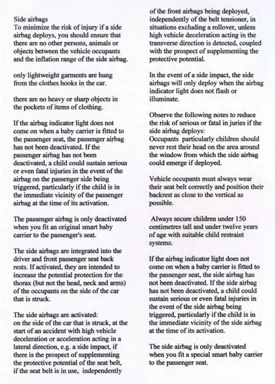 Text page explaining side airbag operation, safety precautions, and deactivation procedures.