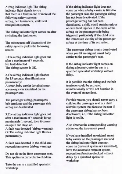 Text page describing airbag warning light self-diagnosis results and child seat detection procedures.