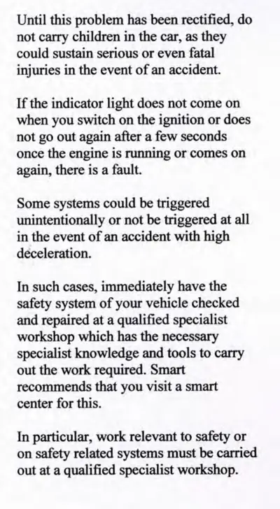 Text-only page with safety warnings about airbag systems and accident procedures.