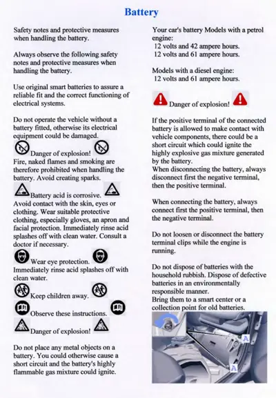 Battery safety and handling instructions with voltage ratings and warning symbols.