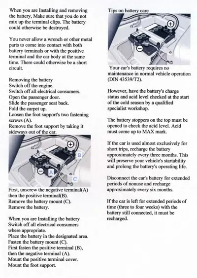Battery service instructions showing positive and negative terminals, mounting points, and acid level checking.