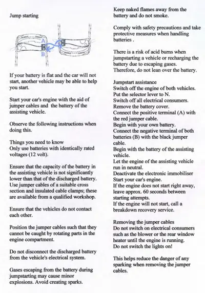 Jump starting instructions with diagram showing cable connections between two car batteries.