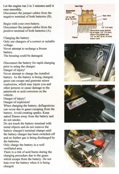 Battery maintenance diagram showing veni cap, vent locations, electrolyte level, and three photos of battery installation in engine bay.