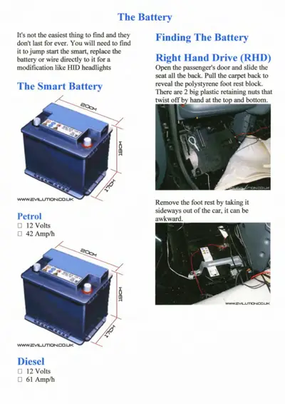 Battery diagrams showing 12V specs for petrol and diesel, with photos of passenger floor battery location and foot rest removal.